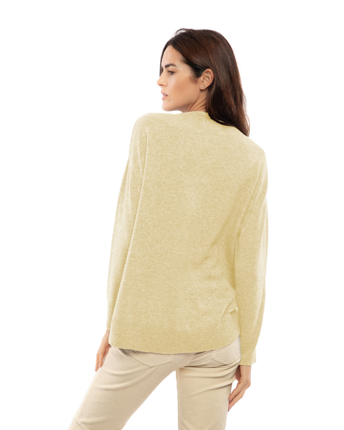 Butter Yellow pure cashmere oversized crewneck sweater, back view on a model.
