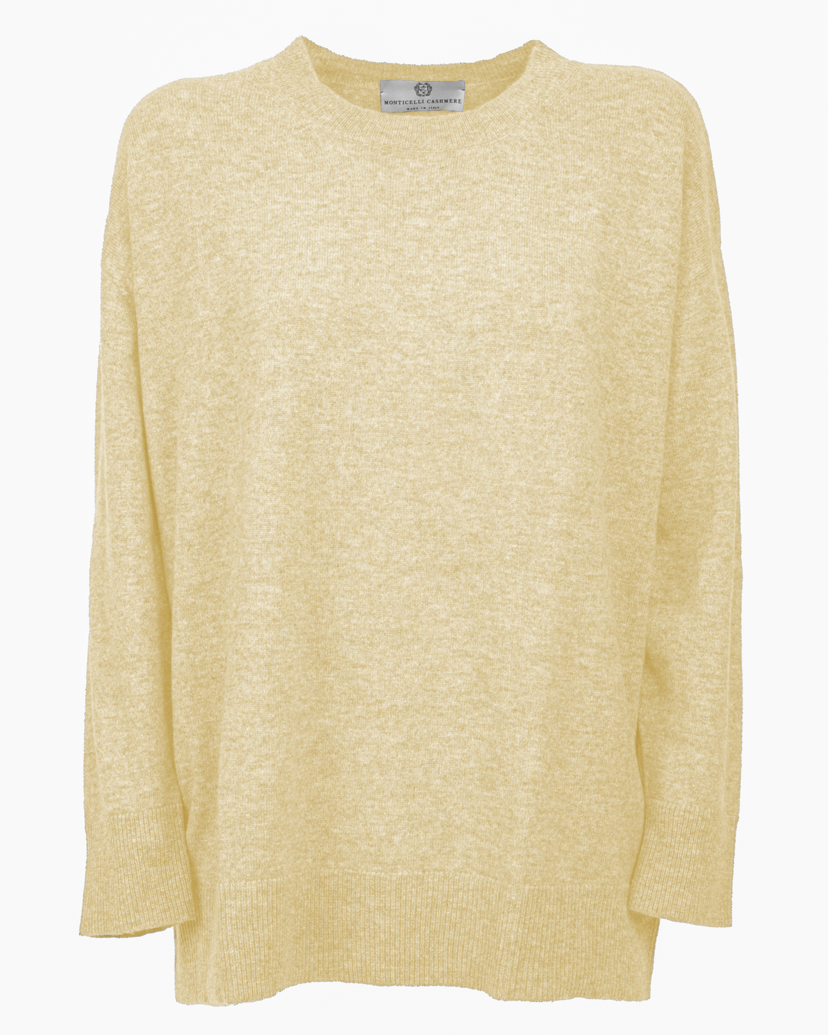Butter Yellow pure cashmere oversized crewneck sweater, front view laid flat.