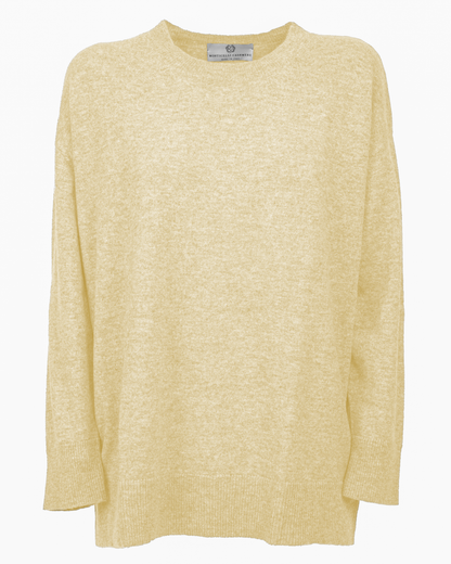 Butter Yellow pure cashmere oversized crewneck sweater, front view laid flat.