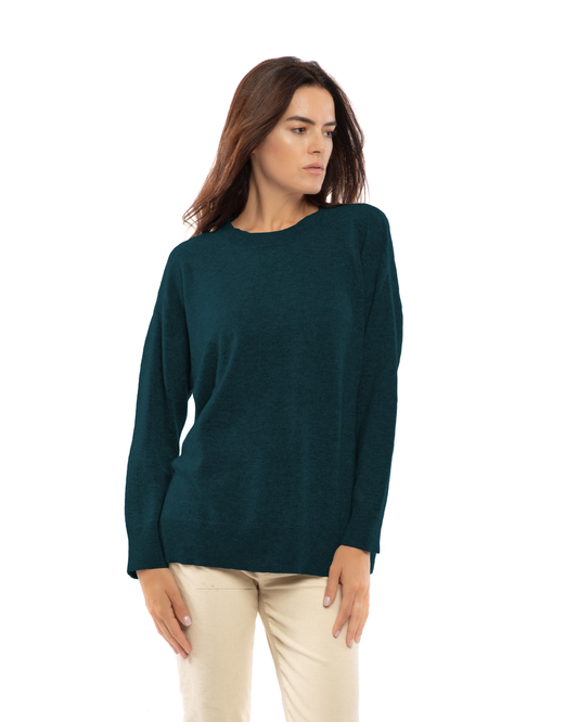 Forest Green pure cashmere oversized crewneck sweater, model view.