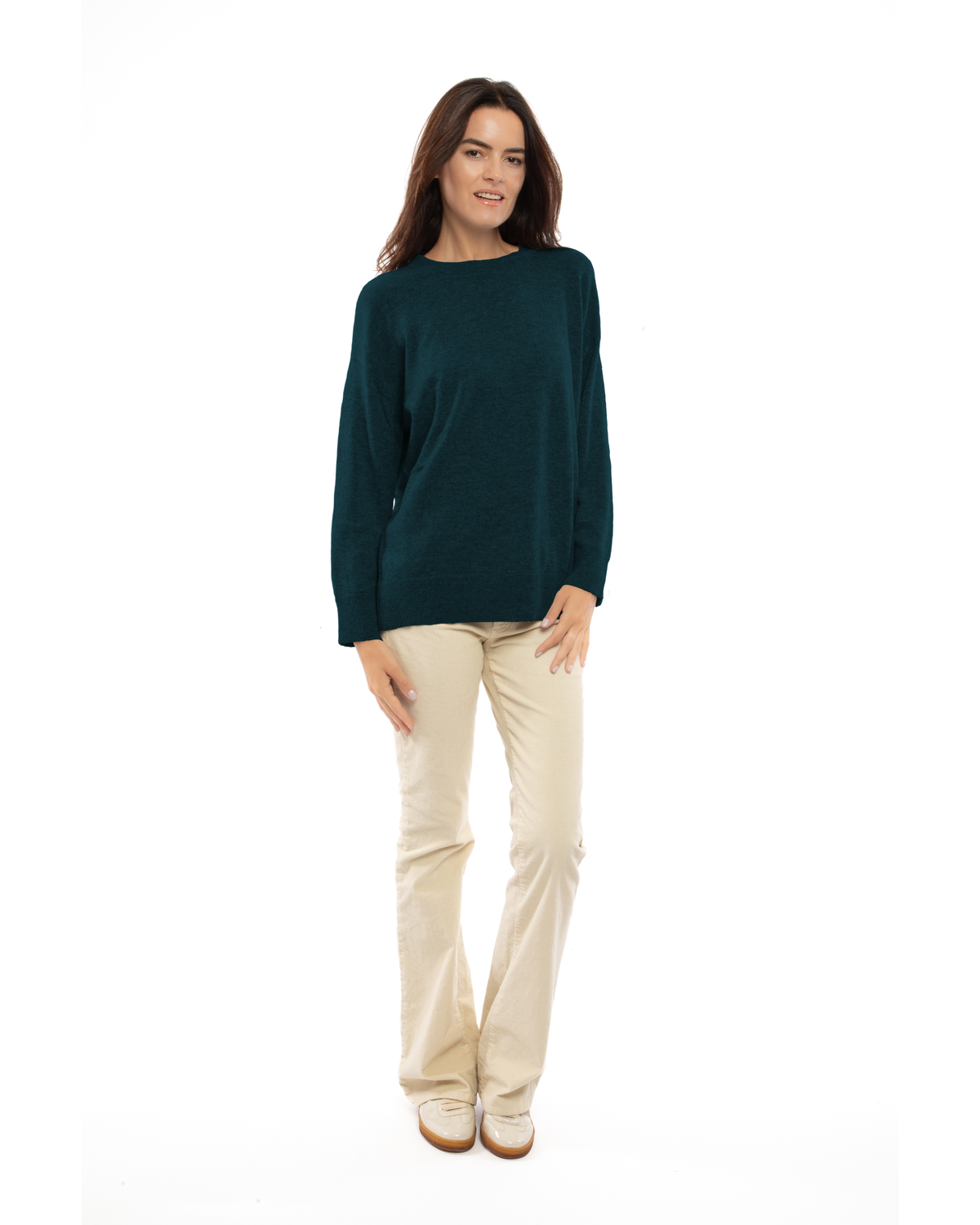 Forest Green pure cashmere oversized crewneck sweater, full-length view on a model.