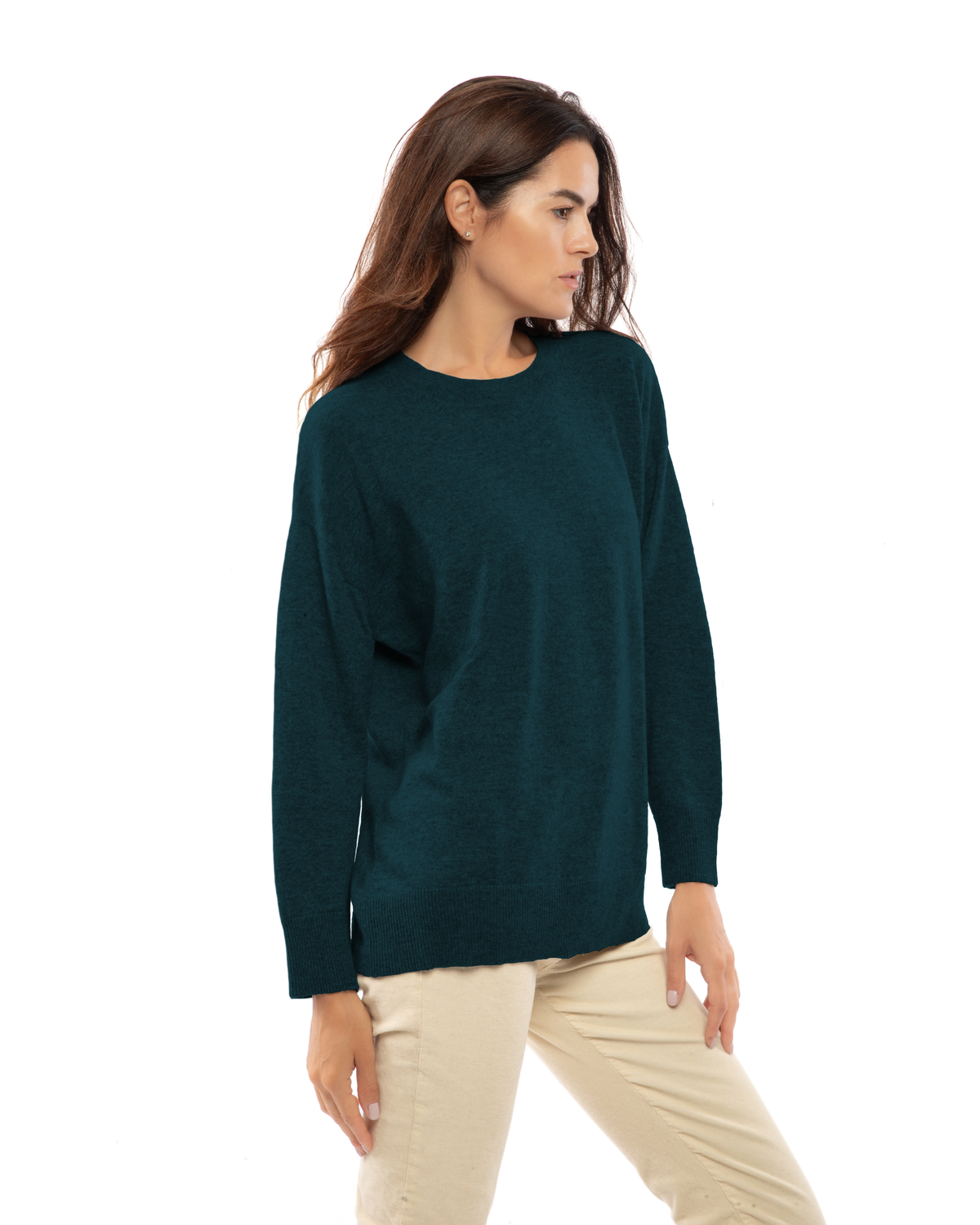 Forest Green pure cashmere oversized crewneck sweater, three-quarter view on a model.