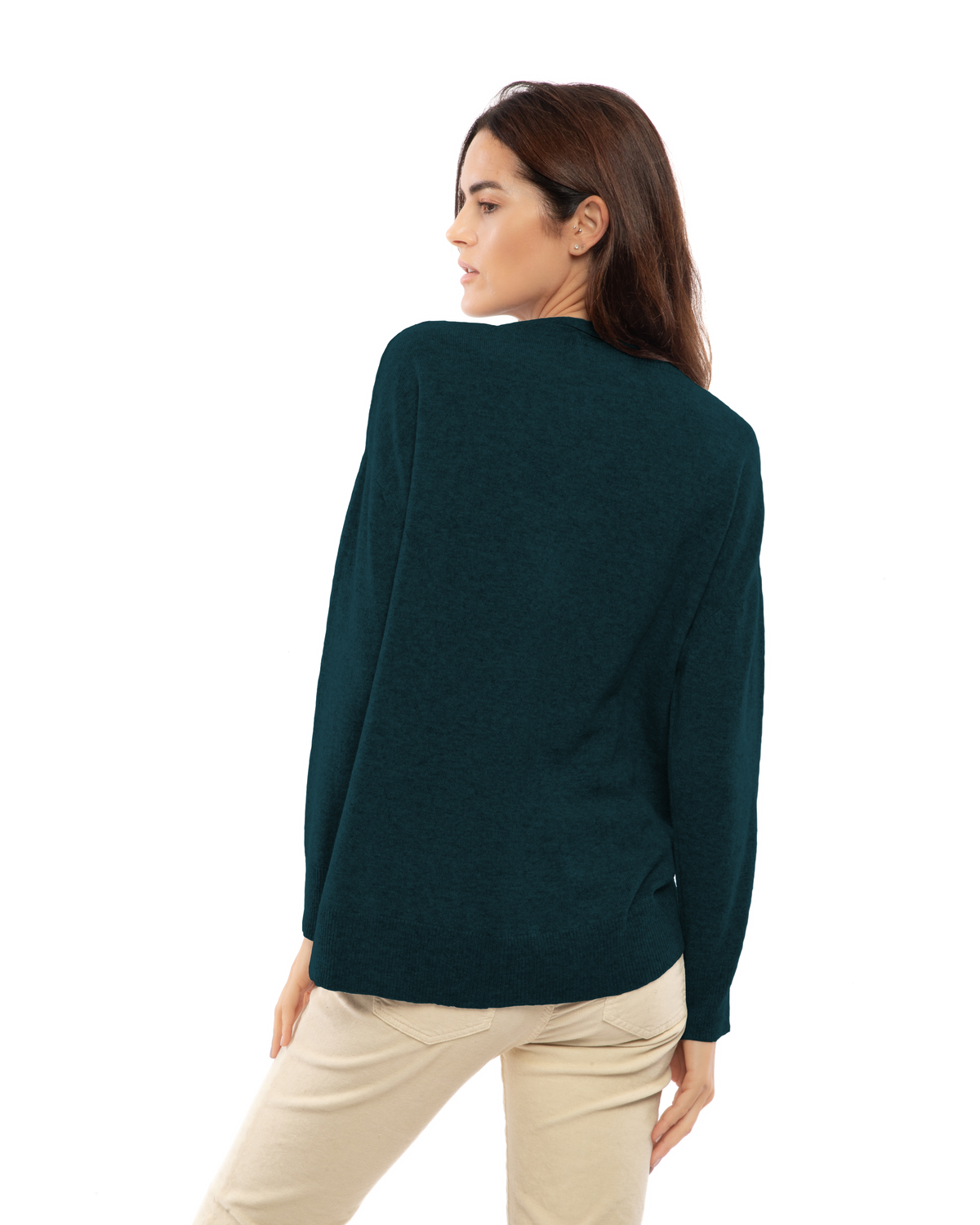 Forest Green pure cashmere oversized crewneck sweater, back view on a model.