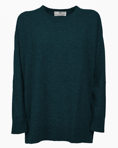 Forest Green pure cashmere oversized crewneck sweater, front view laid flat.