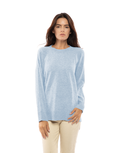 Baby Blue pure cashmere oversized crewneck sweater, model view.