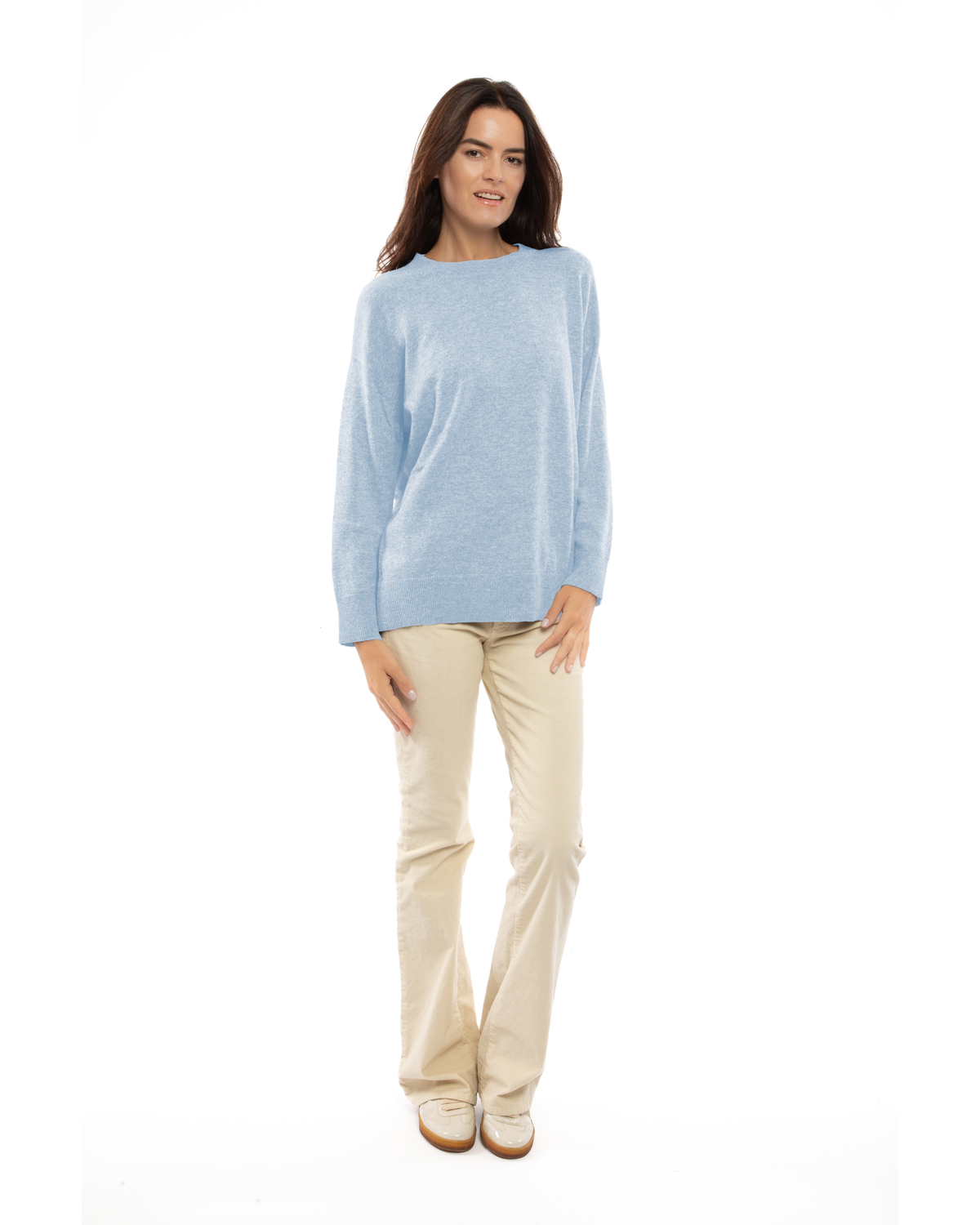 Baby Blue pure cashmere oversized crewneck sweater, full-length view on a model.