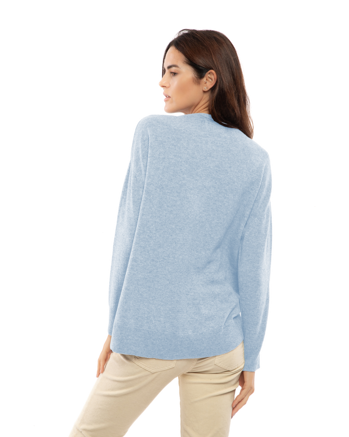 Baby Blue pure cashmere oversized crewneck sweater, back view on a model.