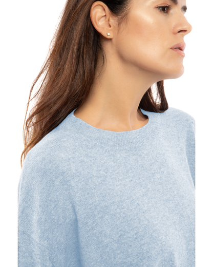 Baby Blue pure cashmere oversized crewneck sweater, close-up of the crew neckline and knit texture.