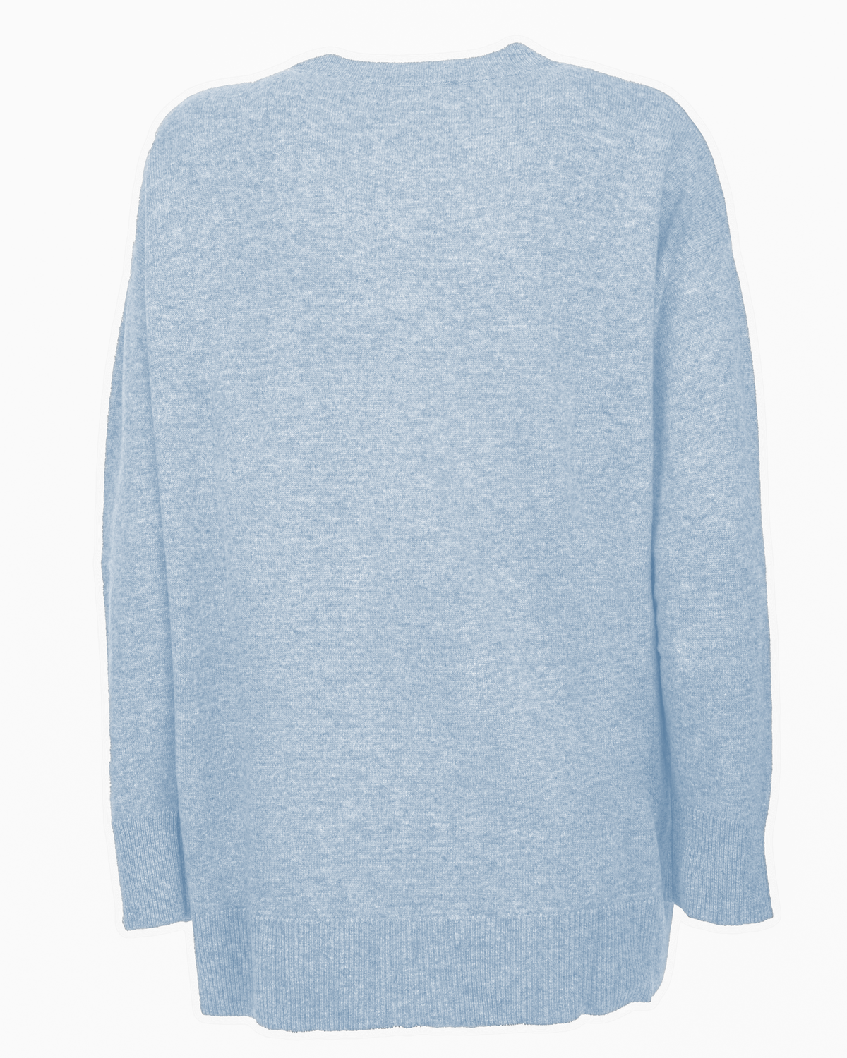 Baby Blue pure cashmere oversized crewneck sweater, back view laid flat.