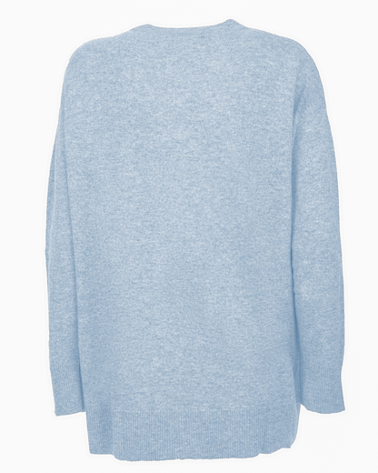 Baby Blue pure cashmere oversized crewneck sweater, back view laid flat.