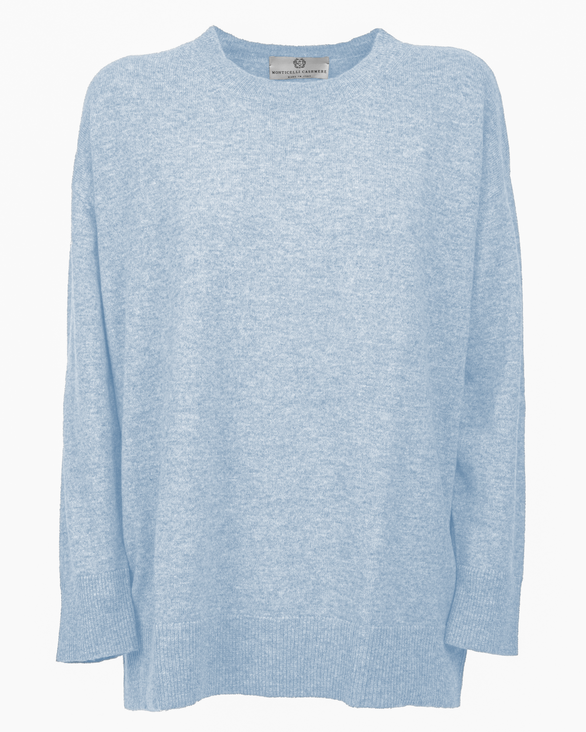 Baby Blue pure cashmere oversized crewneck sweater, front view laid flat.