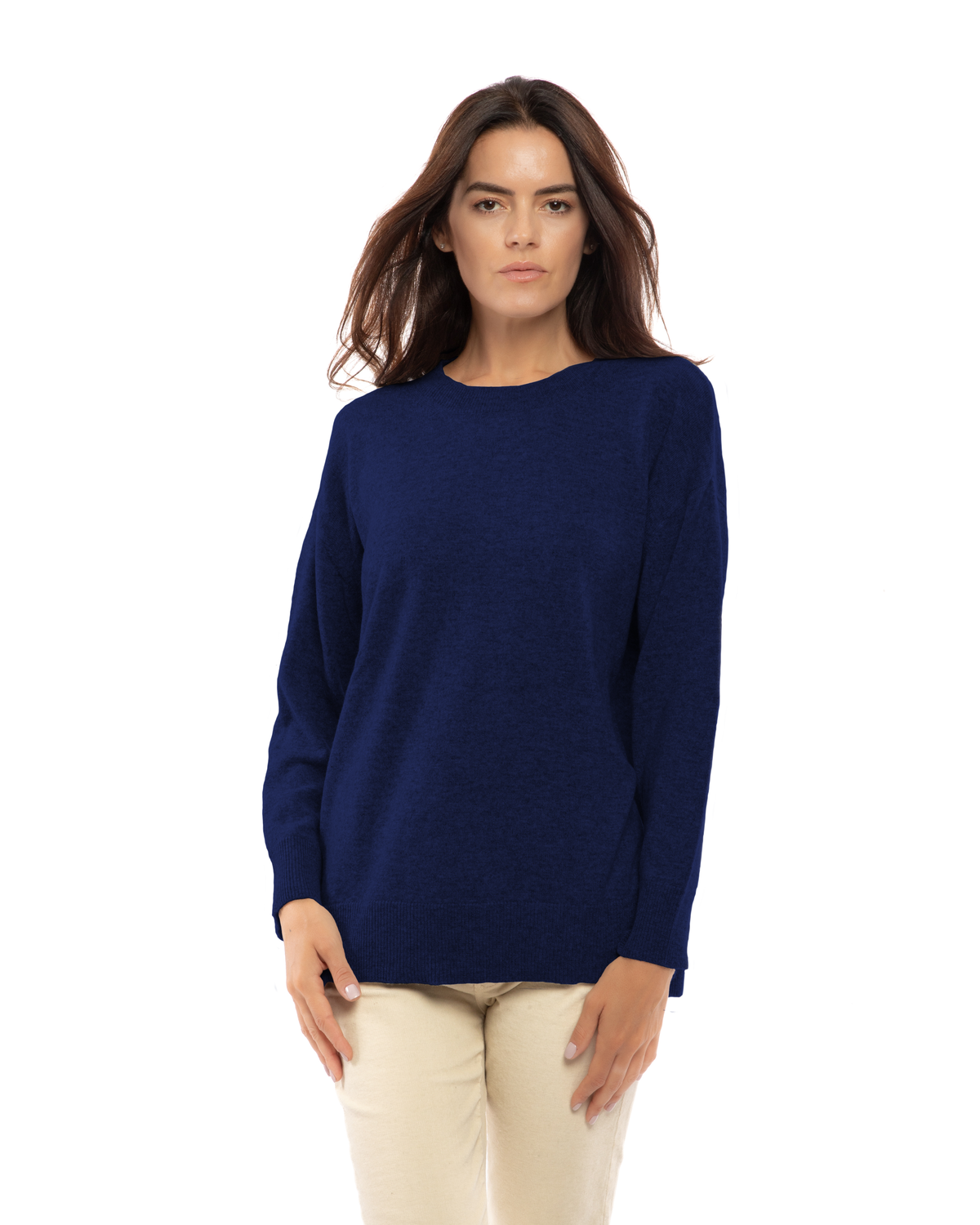 Blue pure cashmere oversized crewneck sweater, model view.