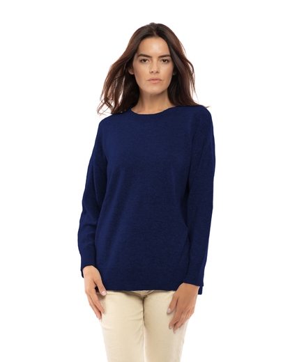 Blue pure cashmere oversized crewneck sweater, model view.