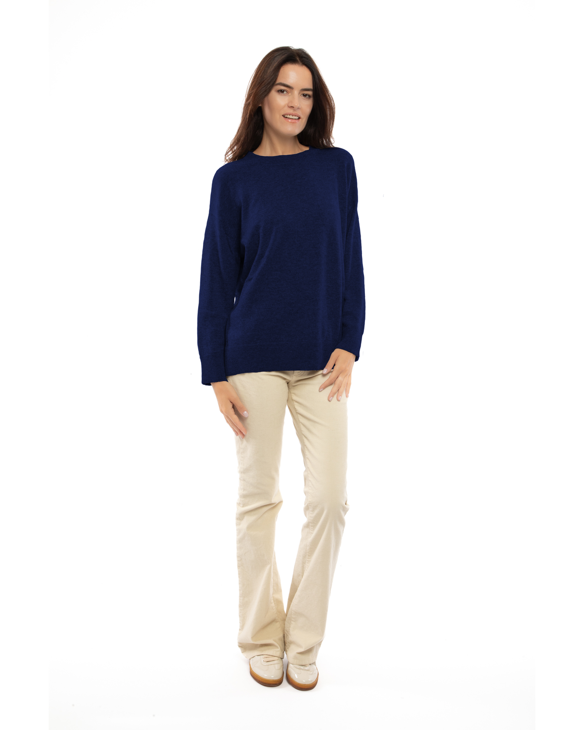 Blue pure cashmere oversized crewneck sweater, full-length view on a model.