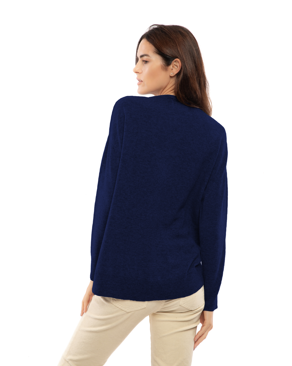 Blue pure cashmere oversized crewneck sweater, back view on a model.