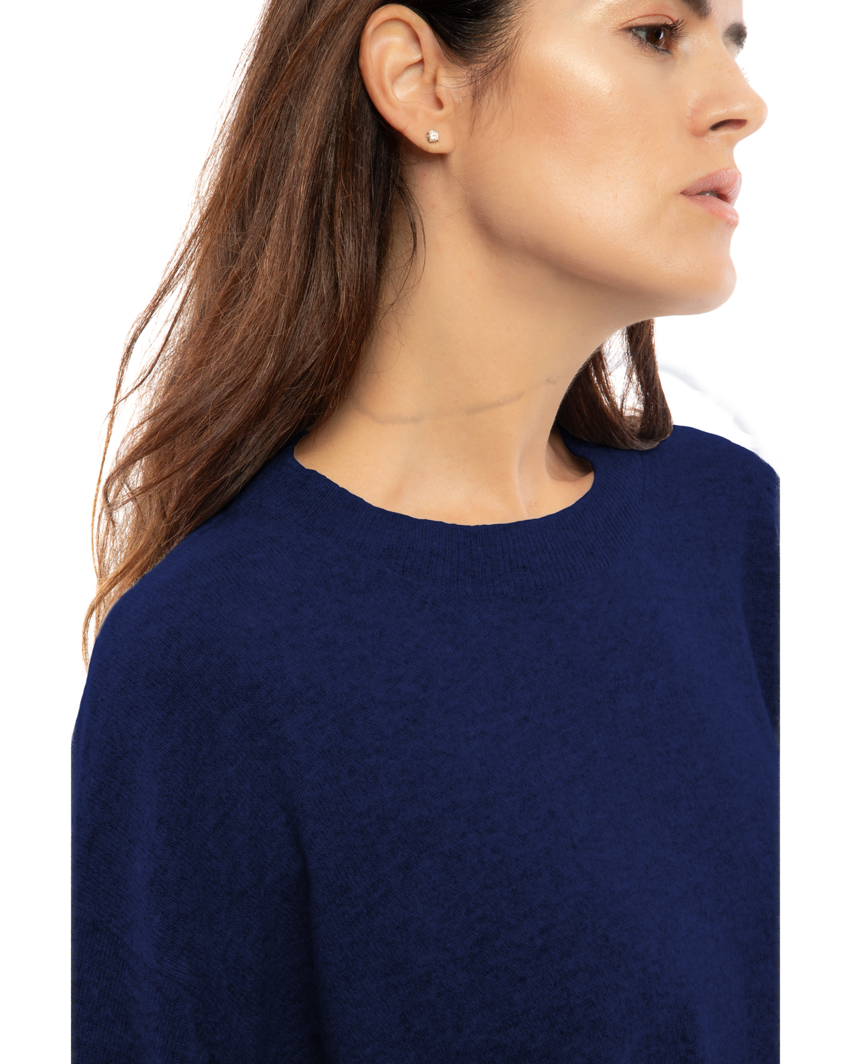 Blue pure cashmere oversized crewneck sweater, close-up of the crew neckline and knit texture.