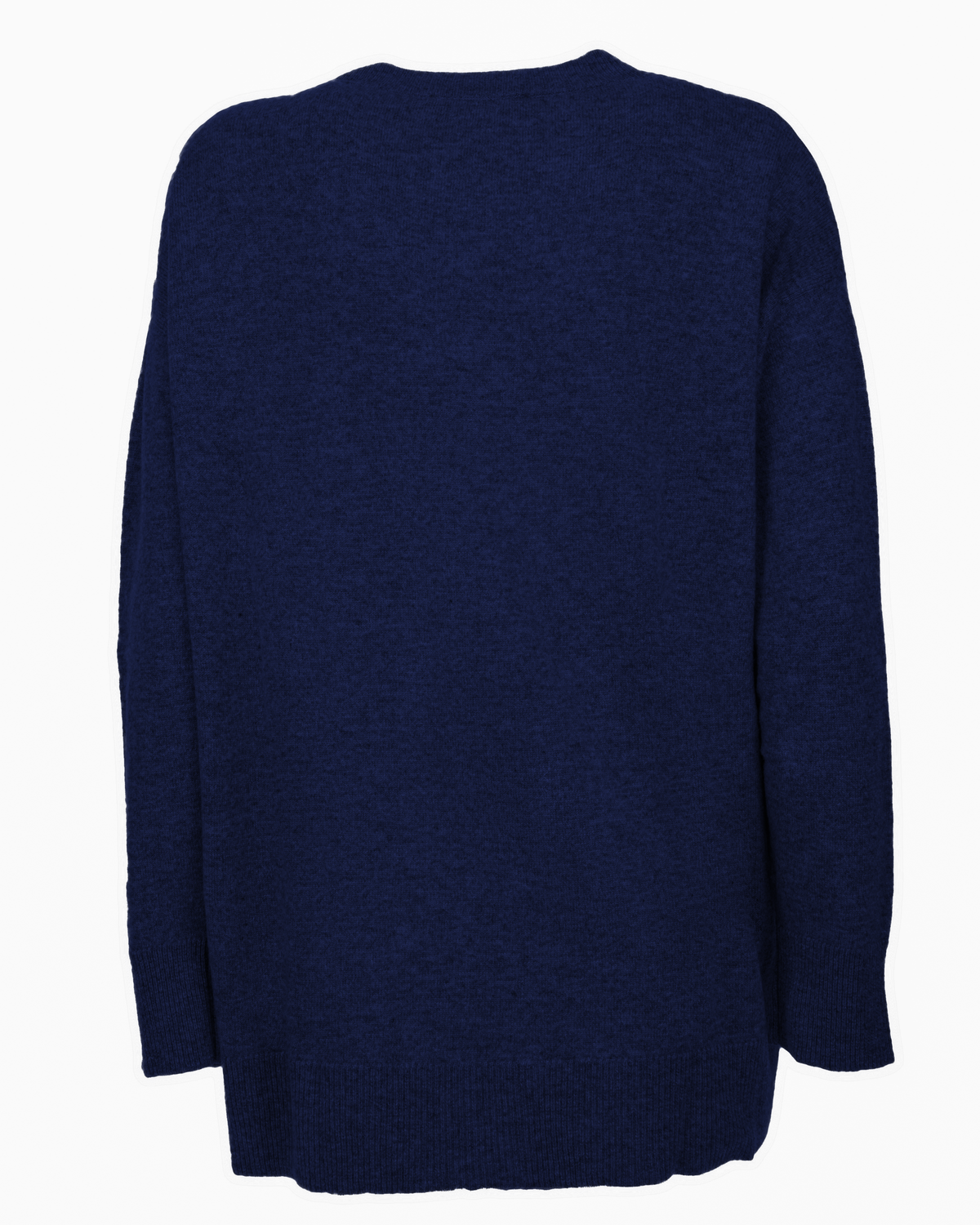 Blue pure cashmere oversized crewneck sweater, back view laid flat.
