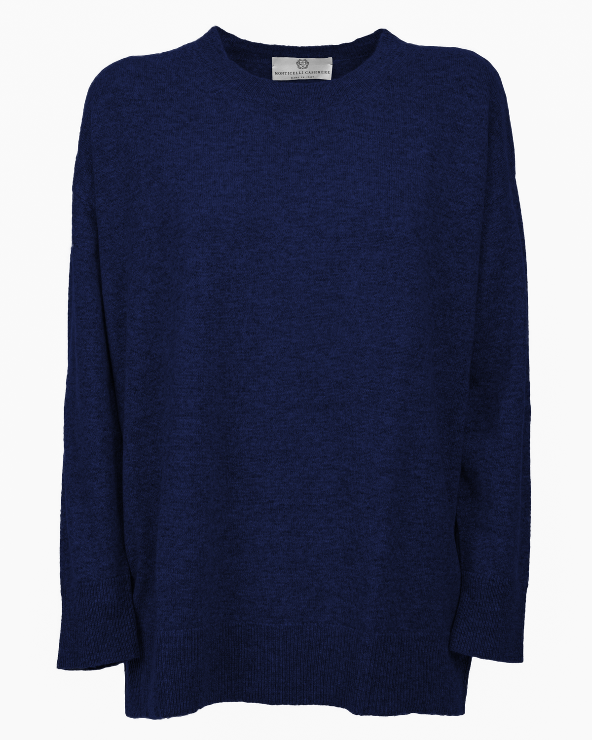 Blue pure cashmere oversized crewneck sweater, front view laid flat.