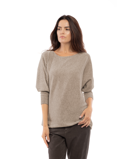 Taupe cashmere maxi horizontal stitch boatneck sweater, front view on a model.