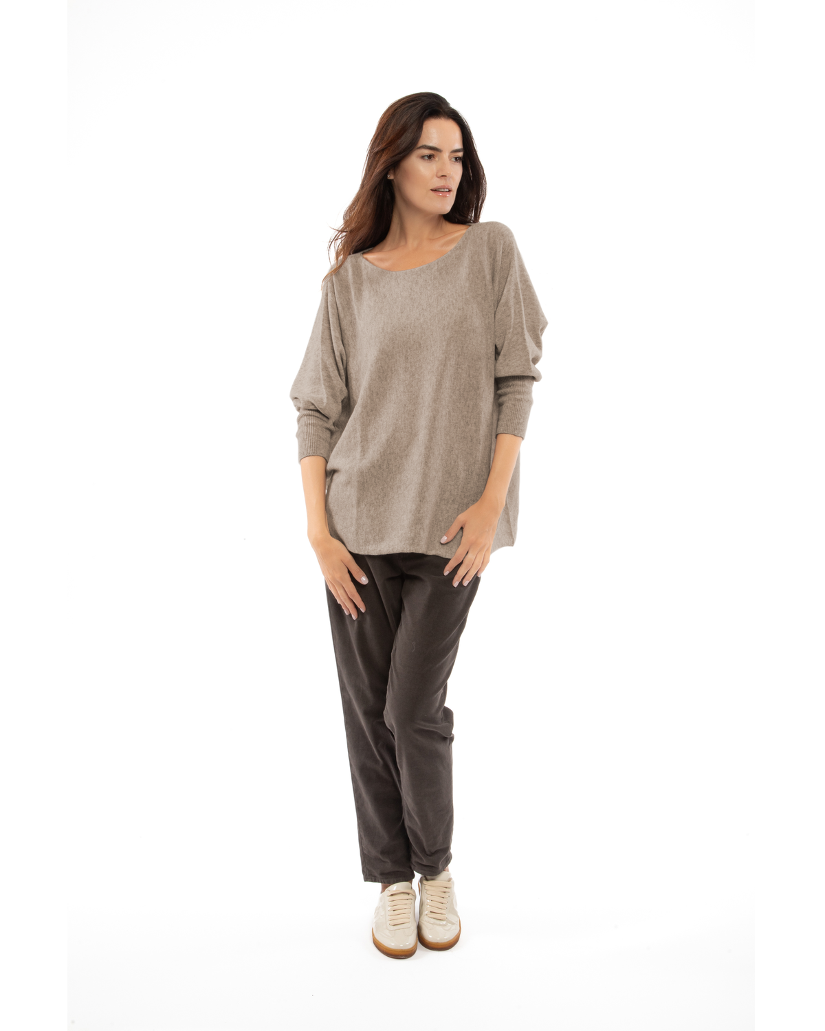Taupe cashmere maxi horizontal stitch boatneck sweater, full-length view on a model.
