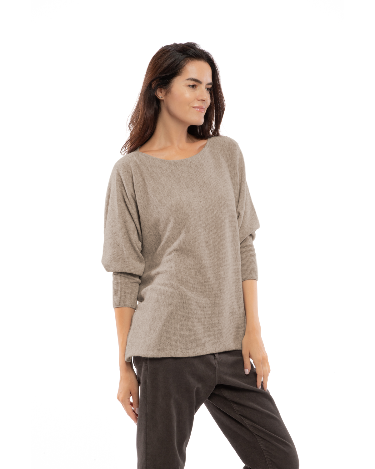 Taupe cashmere maxi horizontal stitch boatneck sweater, three-quarter view on a model.
