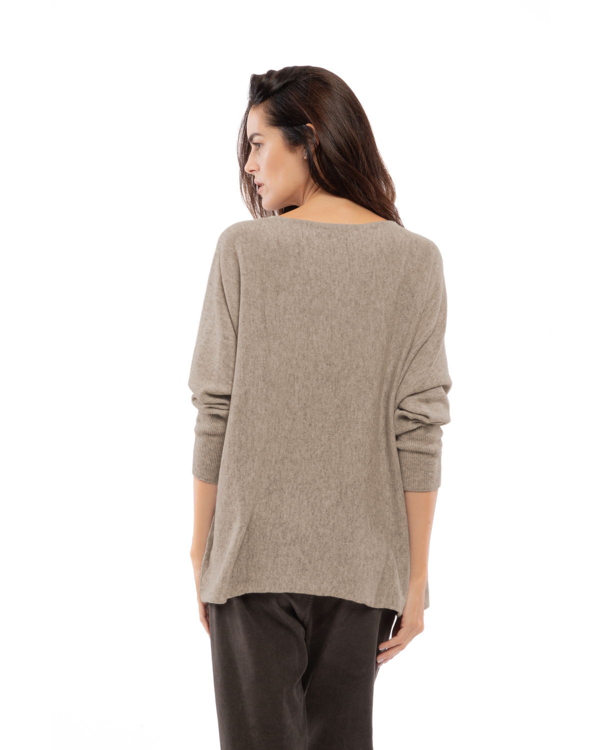 Taupe cashmere maxi horizontal stitch boatneck sweater, back view on a model.