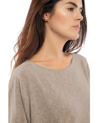 Taupe cashmere maxi horizontal stitch boatneck sweater, close-up of the boat neckline and knit texture.