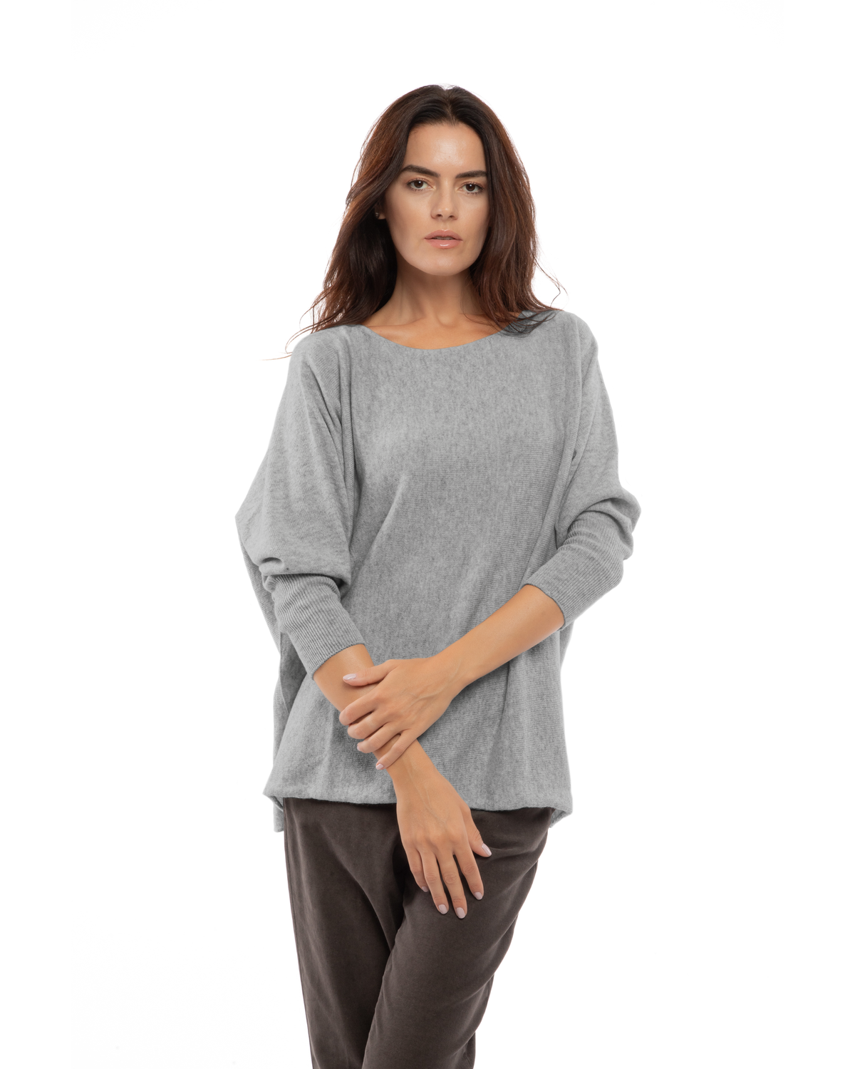 Medium Gray cashmere maxi horizontal stitch boatneck sweater, front view on a model.