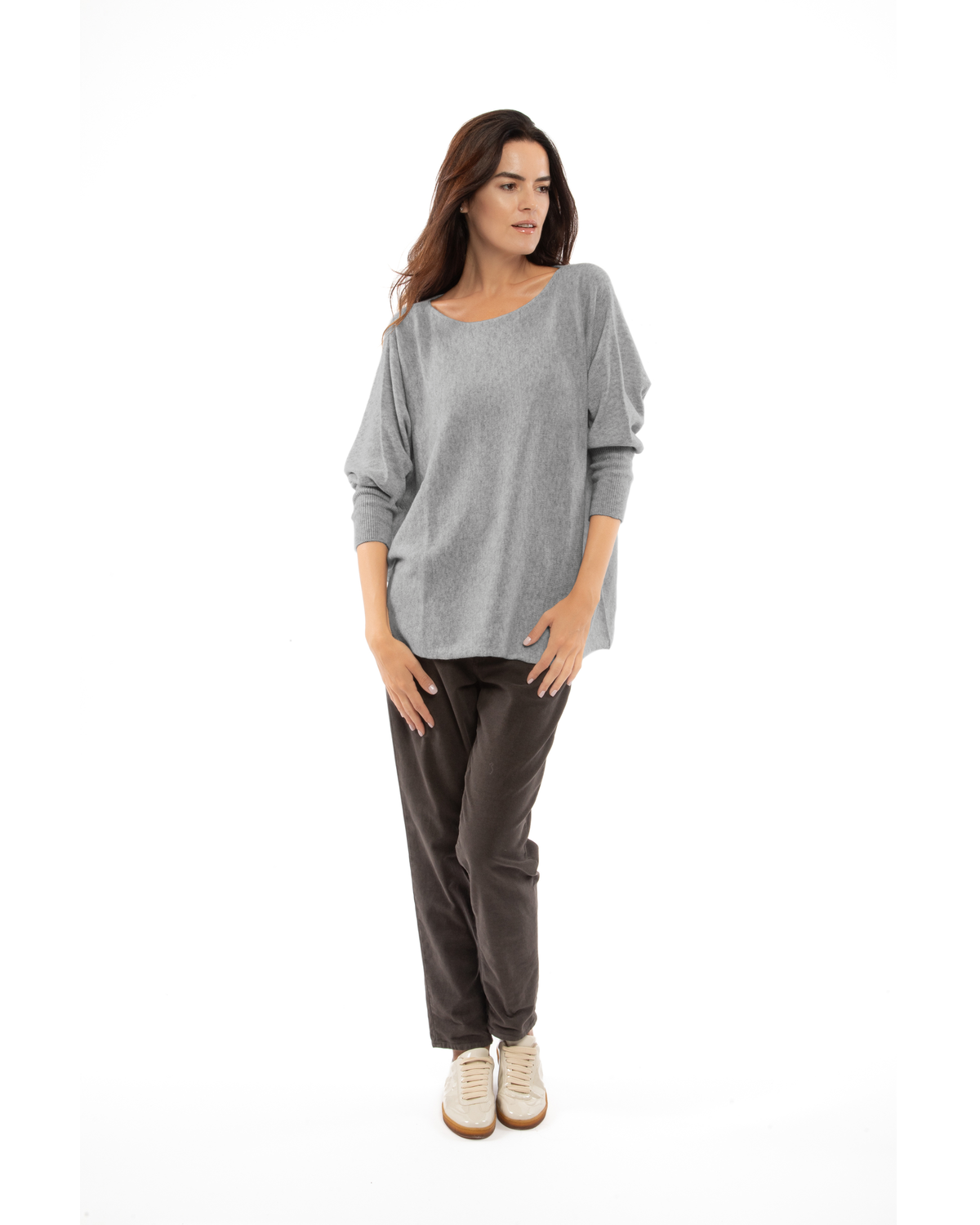 Medium Gray cashmere maxi horizontal stitch boatneck sweater, full-length view on a model.
