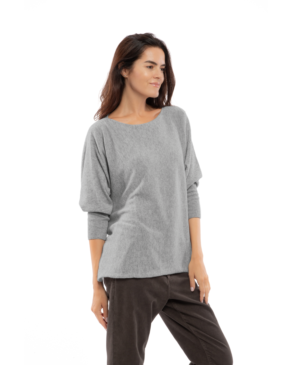 Medium Gray cashmere maxi horizontal stitch boatneck sweater, three-quarter view on a model.