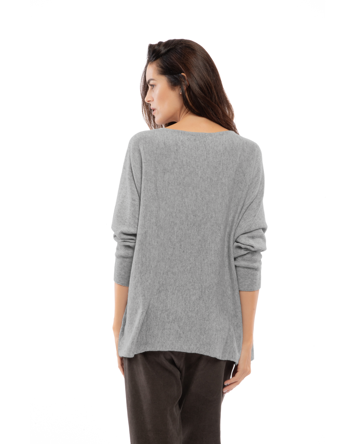 Medium Gray cashmere maxi horizontal stitch boatneck sweater, back view on a model.