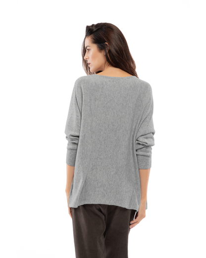 Medium Gray cashmere maxi horizontal stitch boatneck sweater, back view on a model.