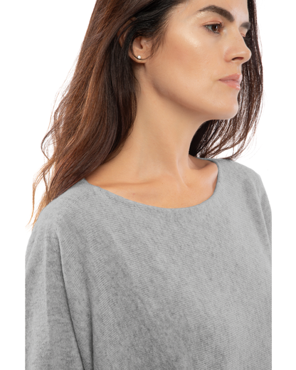 Medium Gray cashmere maxi horizontal stitch boatneck sweater, close-up of the boat neckline and knit texture.