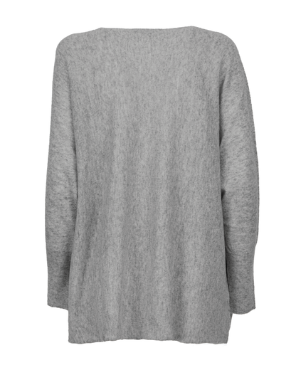 Medium Gray cashmere maxi horizontal stitch boatneck sweater, back view laid flat.