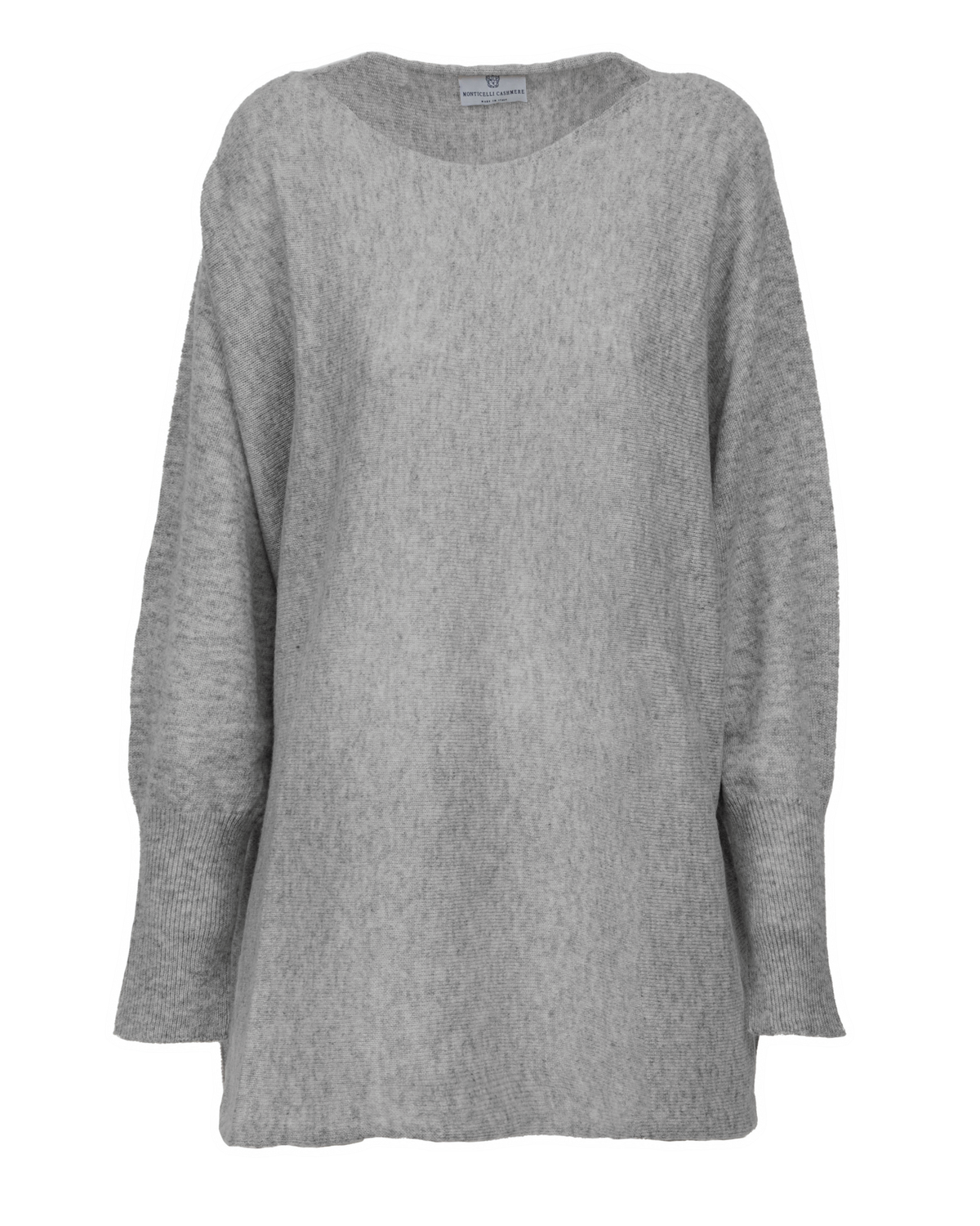 Medium Gray cashmere maxi horizontal stitch boatneck sweater, front view laid flat.