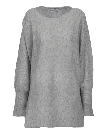 Medium Gray cashmere maxi horizontal stitch boatneck sweater, front view laid flat.