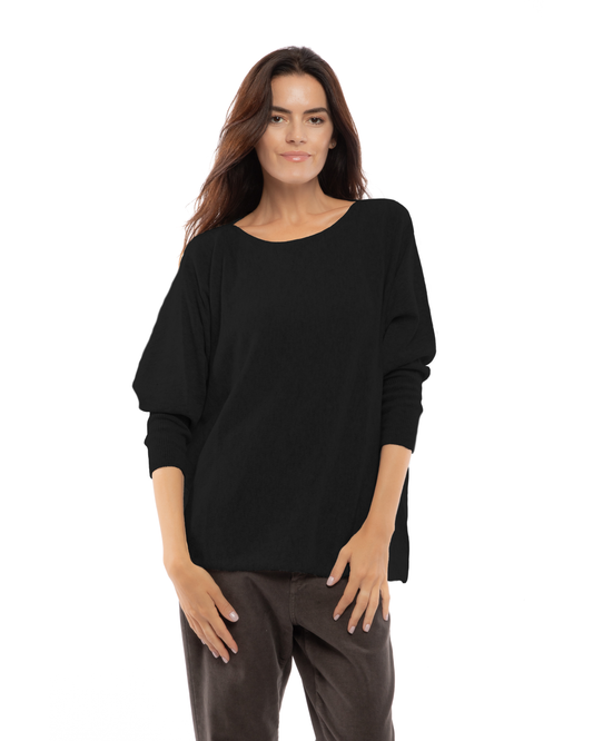 Black cashmere maxi horizontal stitch boatneck sweater, front view on a model.