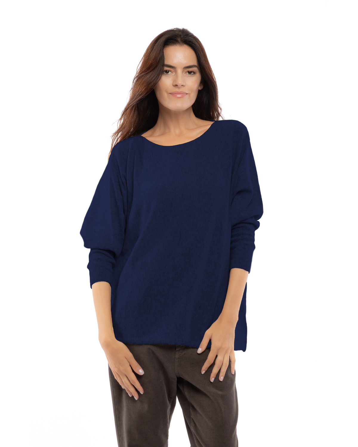 Blue cashmere maxi horizontal stitch boatneck sweater, front view on a model.