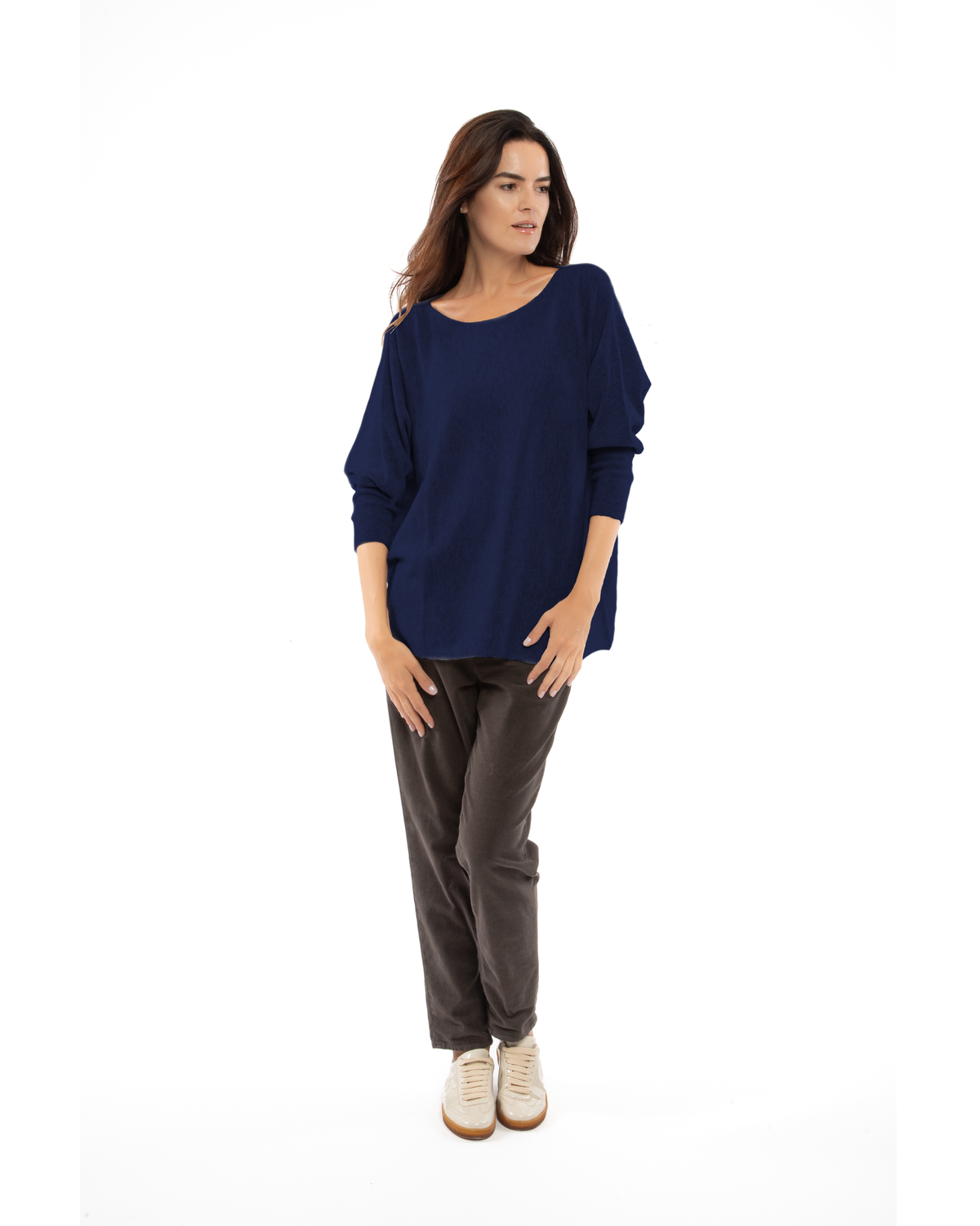 Blue cashmere maxi horizontal stitch boatneck sweater, full-length view on a model.