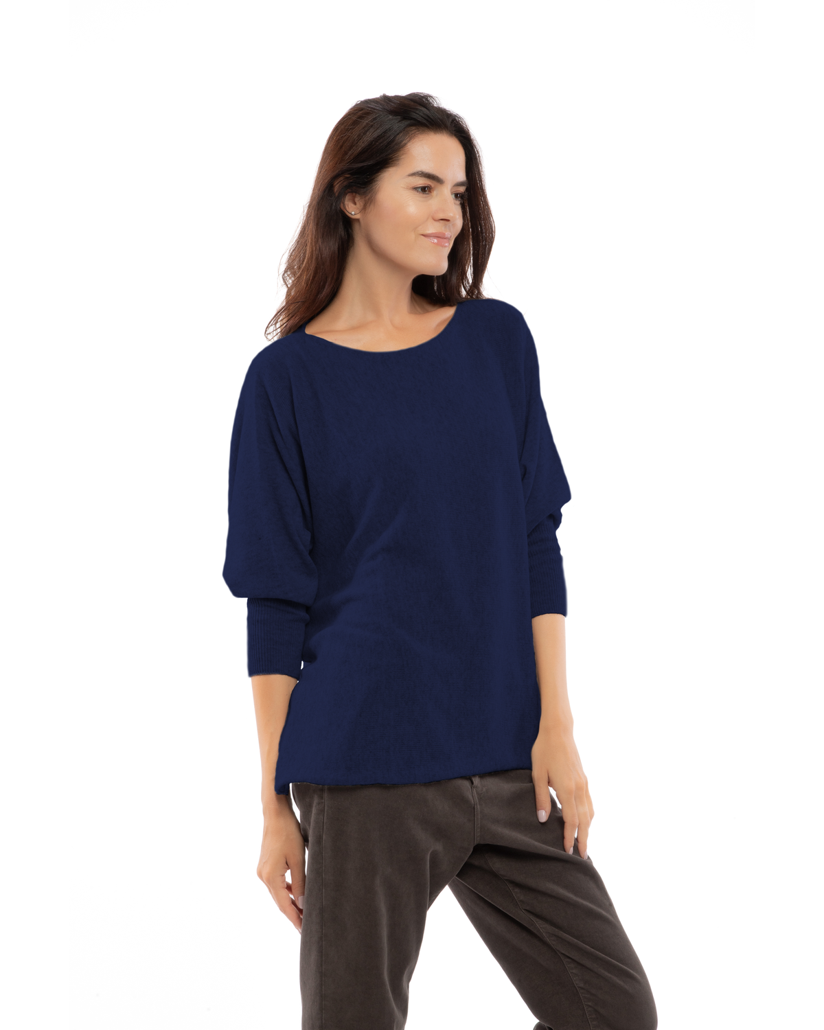 Blue cashmere maxi horizontal stitch boatneck sweater, three-quarter view on a model.