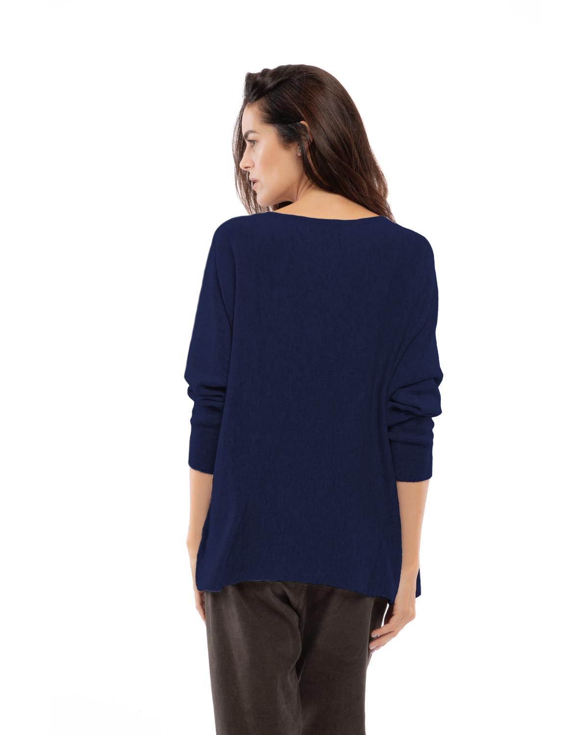 Blue cashmere maxi horizontal stitch boatneck sweater, back view on a model.