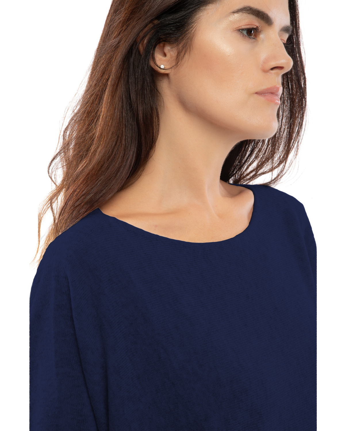 Blue cashmere maxi horizontal stitch boatneck sweater, close-up of the boat neckline and knit texture.