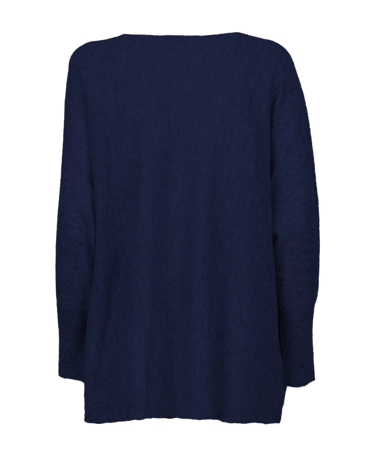 Blue cashmere maxi horizontal stitch boatneck sweater, back view laid flat.