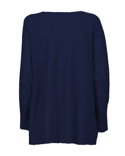 Blue cashmere maxi horizontal stitch boatneck sweater, back view laid flat.