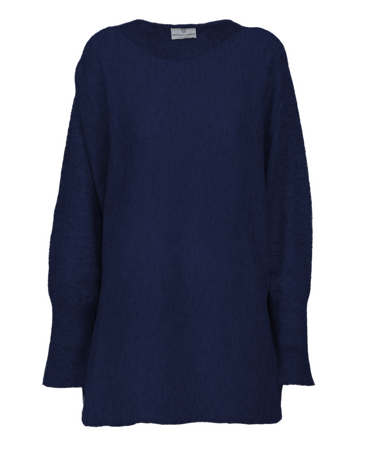 Blue cashmere maxi horizontal stitch boatneck sweater, front view laid flat.