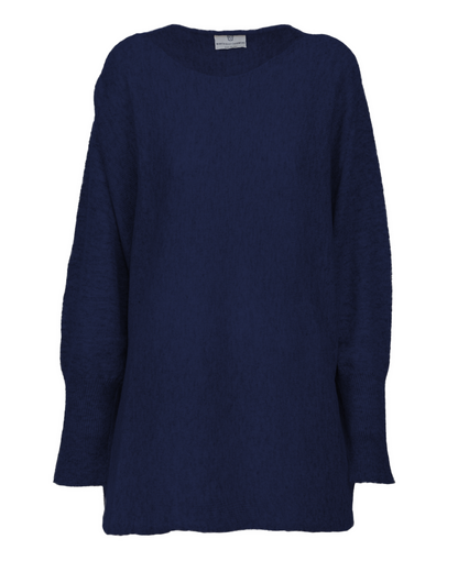 Blue cashmere maxi horizontal stitch boatneck sweater, front view laid flat.