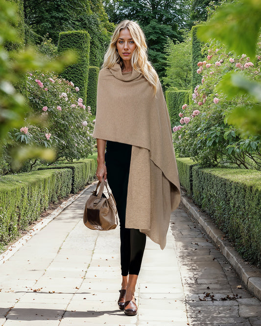 Monticelli Pure Cashmere Wrap Made in Italy - Taupe - model walking in garden