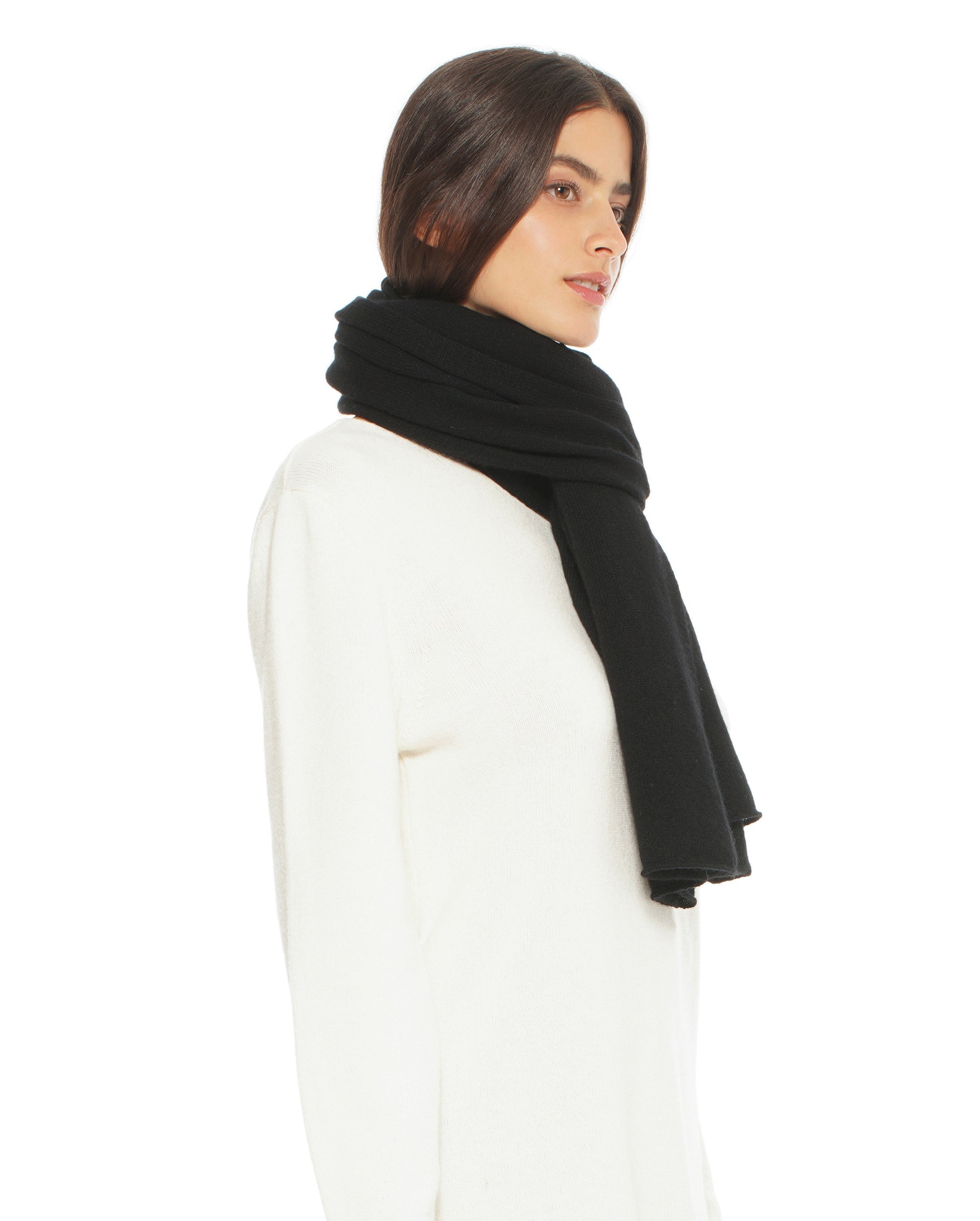 Monticelli Pure Cashmere Plain Knit Scarf Made In Italy Black 2