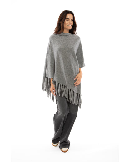 Women's Pure Cashmere Poncho with Fringes Melange Gray