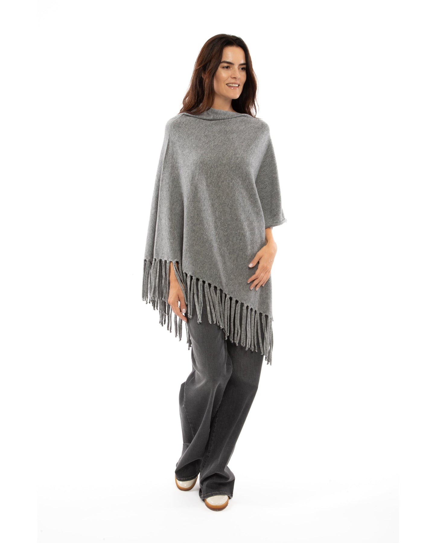 Poncho Fringes Asymmetrical Pure Cashmere Made in Italy Melange Gray 5